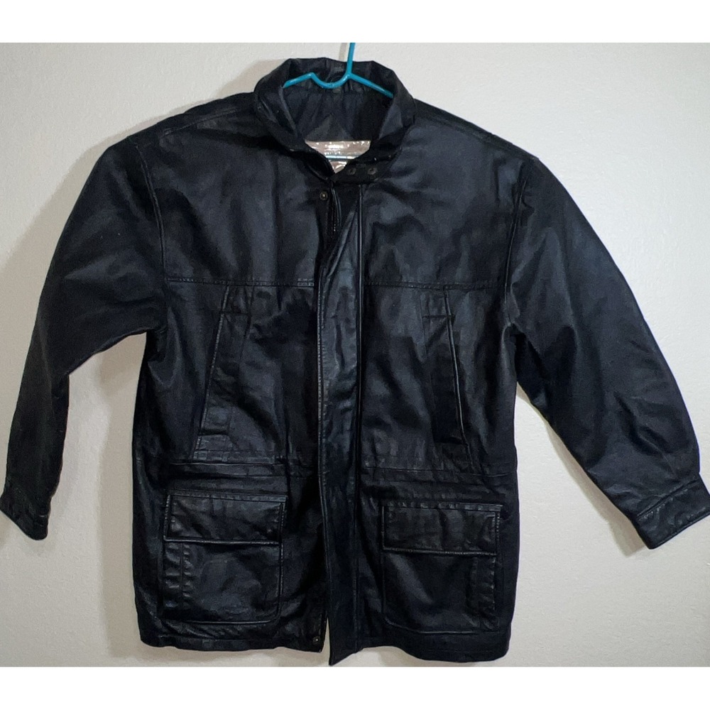 David Taylor Mens Large Black Leather Full Zip Jacket Coat Moto